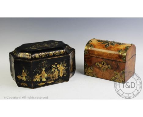 A 19th century Cantonese lacquered papier mache tea caddy, with metal canisters, 14cm H x 25cm W x 18cm D, with a Victorian b