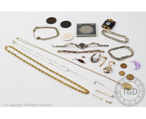 A selection of jewellery, to include, an oval locket and chain, a watch strap, assorted earrings, silver bracelets, chains, c