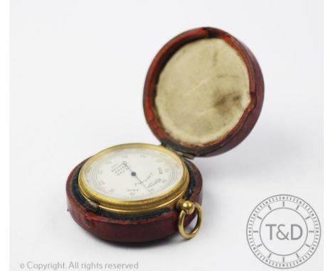 A 19th century gilt brass pocket barometer, the silvered dial signed 'J Hicks Maker London 5493', 5cm diam, with Morocco leat