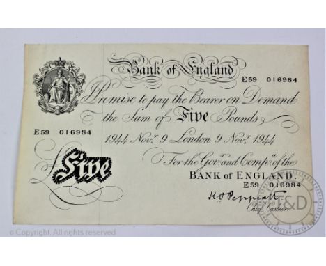 A 1944 white five pound note, November 9th, K. O. Peppiatt, E59 016984