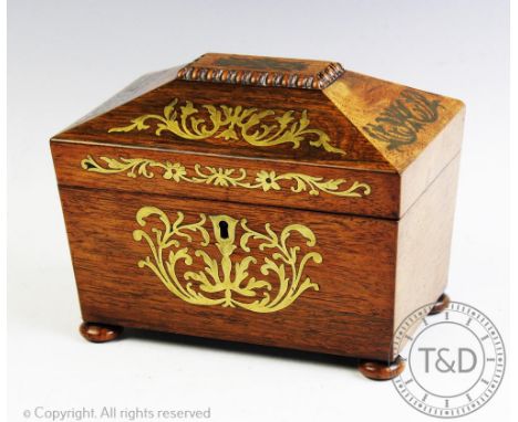 A William IV brass inlaid rosewood tea caddy, with gadrooned detailing to the top, on turned squat feet, 15.5cm H x 20cm W x 