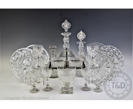 A selection of 19th century and later glass, comprising a cut glass decanter and stopper with faceted neck, 35.5cm, and match