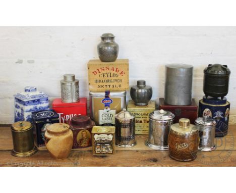 A collection of Edwardian and  later tea caddies and tea related items, to include a Chinese pewter tea caddy and cover decor