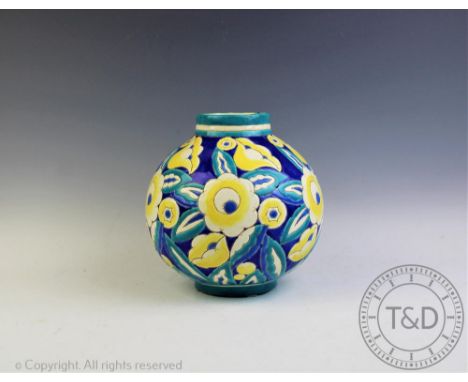 A Belgian Art Deco ceramic glass, possibly Boch Freres, decorated with stylised flowers, 23cm high (two hair line cracks) CON