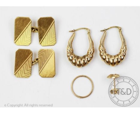 A pair of 18ct yellow gold cufflinks, with engraved detail, 8.2gms, with a pair of 9ct gold hoop earrings weight 1.65gms and 