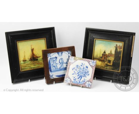 Two Dutch painted ceramic tiles, signed 'Reynders' and 'J Wijns' respectively, framed, 24cm x 24cm, with two other tiles (4) 