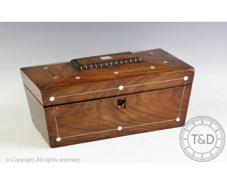 A Victorian mahogany and mother of pearl inlaid sarcophagus form tea caddy, with later formed interior, 13.5cm H x 29cm W x 1