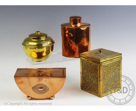 Four tea caddies, comprising an oval copper tea caddy of Australian interest, decorated with Parliament House Canberra, by Jo