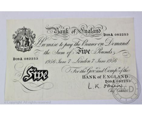 A 1956 white five pound note, June 7th, L. K. O'Brien, D09A 082253