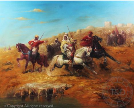 R Wilson (20th century),Oil on canvas,Warring Arabs on horseback,signed lower right,62cm H x 77cm W 