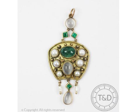 An emerald, moonstone and untested pearl set pendant in yellow metal, designed as a central panel set with a cabochon emerald