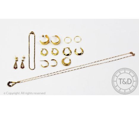 An untested ruby and diamond set pendant and matching earrings in 9ct gold, weight 3.2gms, with a collection of assorted gold