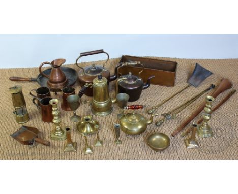 A selection of 19th century and later copper and brass wares, to include two copper kettles and covers, a 'The Protector' min