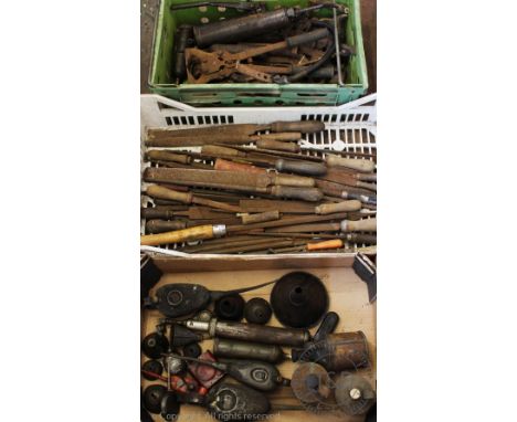 A collection of vintage hand and agricultural tools, to include vintage oil cans and oil funnels (Qty)