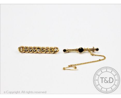 A diamond and untested pearl set bar brooch, set with a central diamond and flanked by two pearls against a curb link bar, un