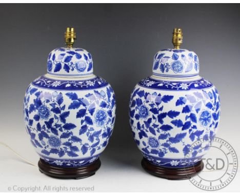 A pair of modern blue and white table lamps, modelled as ginger jars and covers, 43cm highProvenance: Yeaton Peverey Hall CON