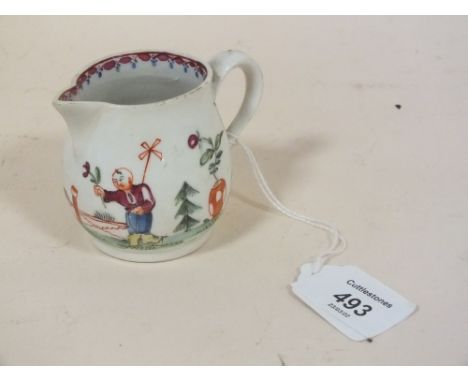 A SMALL ORIENTAL CERAMIC JUG DECORATED WITH FIGURES, H 6.5 CM