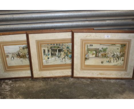 CECIL ALDIN - THREE SIGNED FRAMED AND GLAZED PRINTS OF STREET SCENES AND A STABLEYARD SCENE ALL SIGNED IN PENCIL LOWER LEFT S
