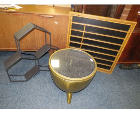 A MODERN DRUM TYPE TABLE TOGETHER WITH A WALL SHELF AND BLACKBOARD CHART