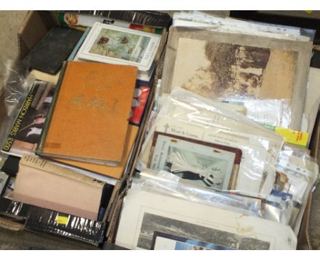 TWO TRAYS OF ASSORTED EPHEMERA AND BOOKS TO INCLUDE MILITARY INTEREST PHOTOGRAPHS, VINTAGE 'THE THIRD HOLIDAY' BOOK BY ENID B