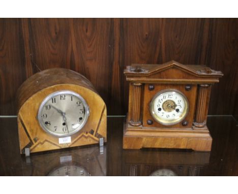 A VINTAGE MAHOGANY COLUMN MANTLE CLOCK TOGETHER WITH AN ART DECO INLAID WALNUT EXAMPLE  (2)