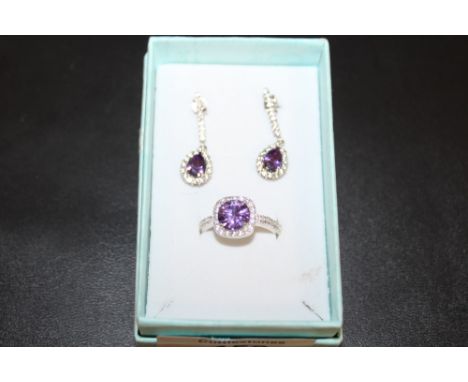 A SILVER AND PINK STONE RING AND EARRING SET APPROX WEIGHT - 6.5G 