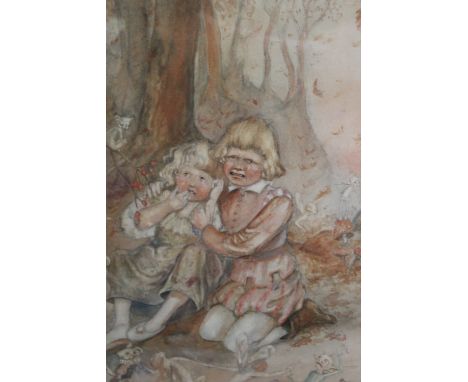 CONTINENTAL SCHOOL (XX). Children crying in a woodland with pixies, signed lower right but unknown, wash with pencil, gilt fr