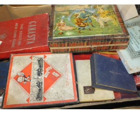 A TRAY OF VINTAGE BOARD GAMES, PLAYING CARDS ETC