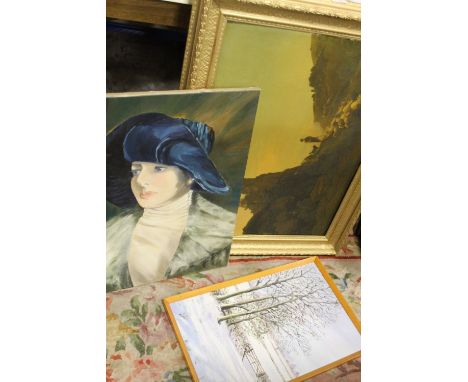A COLLECTION OF ASSORTED PICTURES AND PRINTS TO INCLUDE AN UNFRAMED OIL ON CANVAS PORTRAIT OF A LADY 