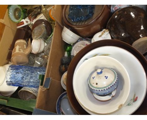 FOUR TRAYS OF CERAMICS, GLASS AND STONEWARE TO INCLUDE VINTAGE HOT WATER BOTTLES, BARK EFFECT GLASS VAS E ETC