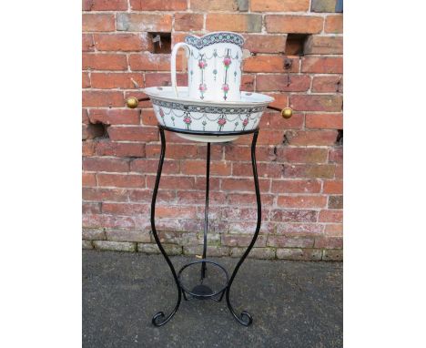 A WROUGHT METAL WASH STAND WITH CERAMIC JUG &amp; BOWL