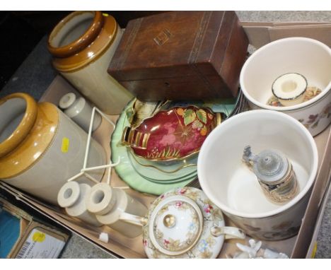 A TRAY OF CERAMICS AND STONEWARE TOGETHER WITH AN INLAID MAHOGANY WORKBOX