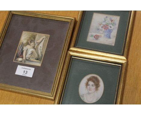 A HAND PAINTED PORTRAIT MINIATURE OF A LADY, TOGETHER WITH A FLORAL EXAMPLE BOTH SIGNED M FLANDERS VERSO, AND A MINIATURE WAT