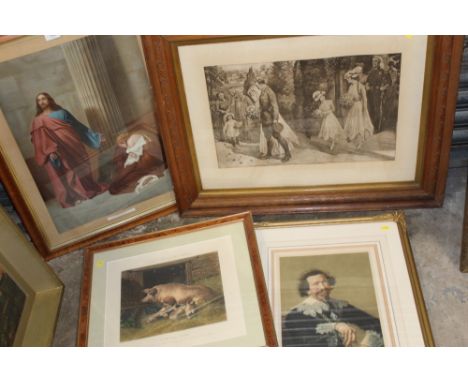 FOUR ASSORTED FRAMED AND GLAZED PRINTS TOP INCLUDE A PORTRAIT STUDY OF A BEARDED GENTLEMAN, RELIGIOUS INTEREST PRINT IN SATIN