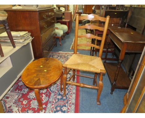 A VINTAGE OAK WICKERSEAT CHAIR TOGETHER WITH A WALNUT OCCASIONAL TABLE (2)