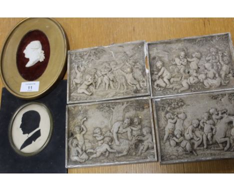 AN ANTIQUE SILHOUETTE PORTRAIT MINIATURE, TOGETHER WITH A PORCELAIN PLAQUE OF KING GEORGE AND FOUR FURTHER PLAQUES (6) (PLAQU