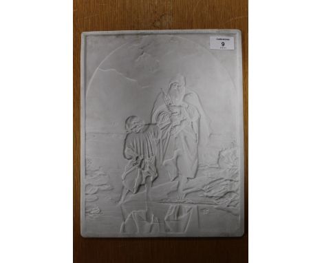 A VINTAGE PORCELAIN LITHOPHANE PLAQUE OF A BEARDED GENTLEMAN AND YOUNG GIRL BEFORE A RIVER SIZE - 33CM X 25.5CM 