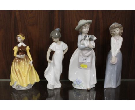 THREE NAO LADY FIGURES TOGETHER WITH A COALPORT 'LETTER FROM A LOVER' FIGURE (4)