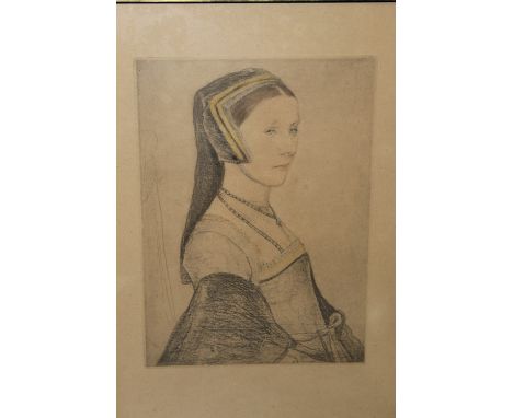 A FRAMED AND GLAZED PENCIL HEAD AND SHOULDER PORTRAIT STUDY OF A LADY IN PERIOD DRESS, 36 X 25 CM