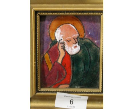 A GILT FRAMED ECCLESIASTICAL FIGURAL ENAMEL PORTRAIT PLAQUE SIZE - 10CM X 8CM  