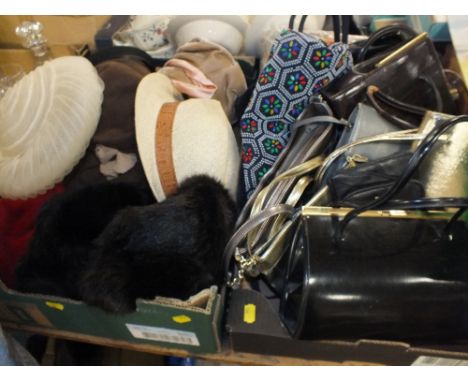 TWO TRAYS OF VINTAGE LADIES HATS AND BAGS ETC