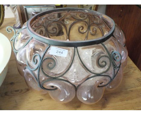 A LARGE METAL BOUND PINK GLASS LIGHT SHADE, TOGETHER WITH ANOTHER (2) 