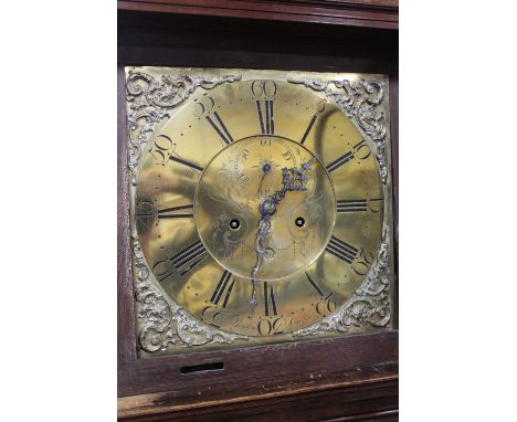 A NINETEENTH CENTURY OAK AND MAHOGANY BRASS FACE EIGHT DAY LONGCASE CLOCK BY BROWN - CHESTER, the 13" dial with subsidiary se