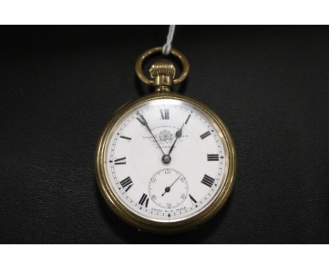 A BRASS CASED OPEN FACED MANUAL WIND POCKET WATCH BY THOMAS RUSSELL AND SONS OF LIVERPOOL - OVERWOUND