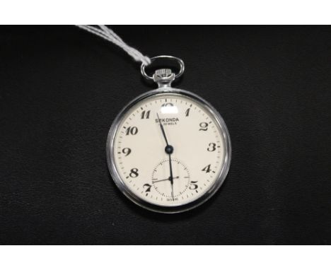 A VINTAGE SEKONDA OPEN FACED MANUAL WIND CHROME TYPE 18 'JEWELS' POCKET WATCH