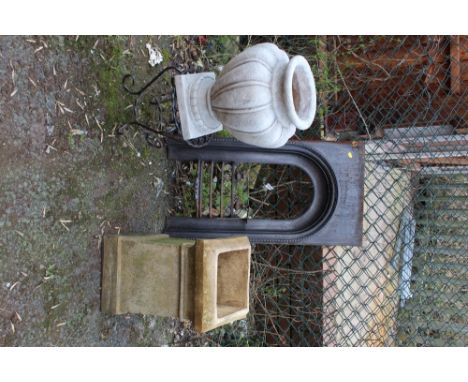 A SMALL SQUARE CHIMNEY TOPPER - H 49 CM, TOGETHER WITH A CAST METAL FIRE BACK AND A RESIN PLANTER &amp; STAND (4)