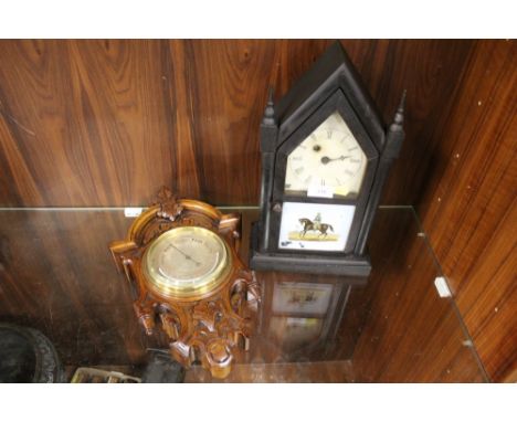 AN EQUESTRIAN THEMED AMERICAN STYLE MANTLE CLOCK H 38 CM TOGETHER WITH A CARVED OAK WALL BAROMETER