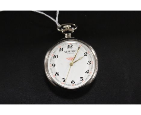 A VINTAGE SERKISOF  OPEN FACED MANUAL WIND CHROME TYPE 18 'JEWELS' POCKET WATCH WITH STEAMTRAIN DETAIL TO BACK COVER 
