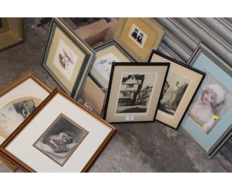 TWO BOXES OF PICTURES, PRINTS AND FRAMES TO INCLUDE A LOUIS WAIN CAT PRINT, SIGNED ETCHINGS, GILT FRAMES ETC