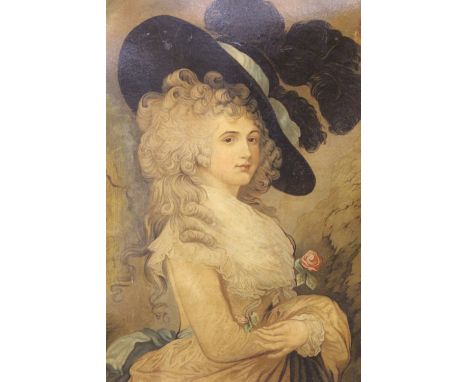 A CARVED OAK PICTURE FRAME CONTAINING AN ANTIQUE PORTRAIT PRINT OF A LADY IN CLASSICAL DRESS PICTURE SIZE -51CM X 40CM 